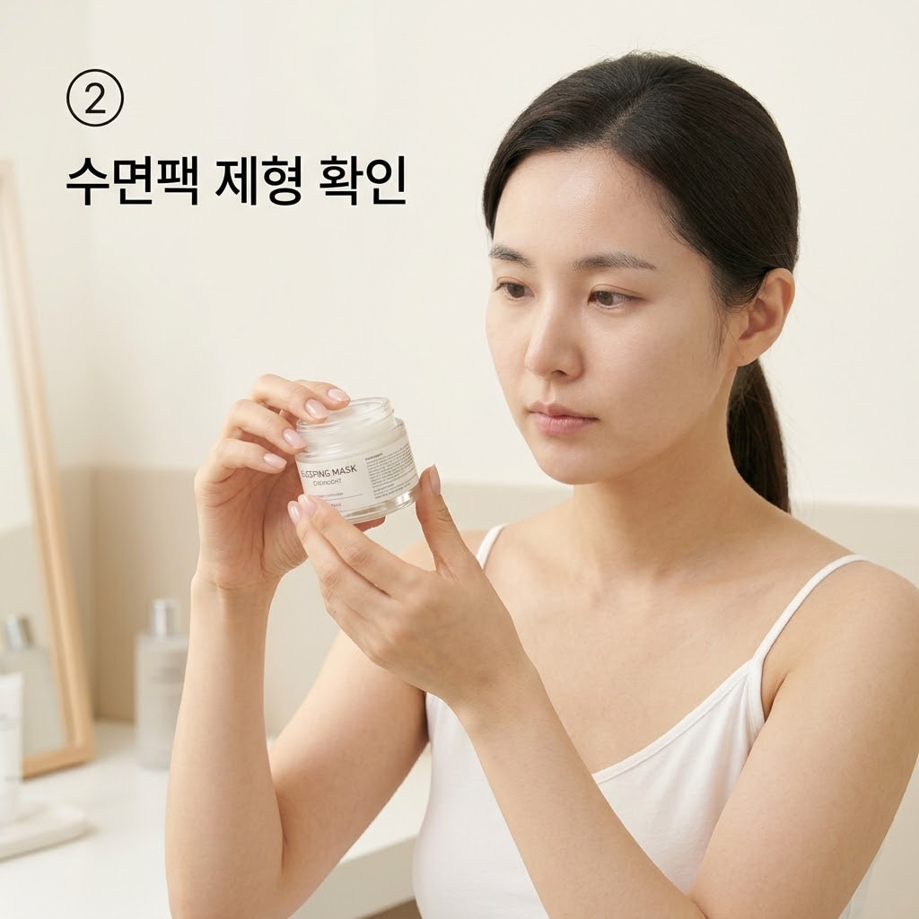 수면팩 제형 확인을 위해 두 손으로 화장품 용기 뒷면에 적힌 슬리핑 마스크와 오버나이트 표기를 꼼꼼하게 읽으며 점검하는 모습.