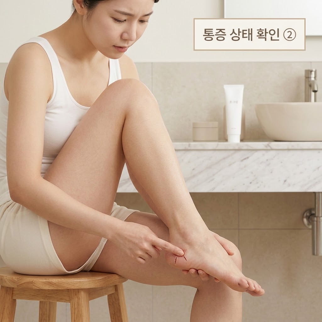 발뒤꿈치 갈라짐 통증을 확인하기 위해 두 손으로 크림을 바르지 않고 상처가 난 부위를 조심스럽게 살피는 모습.