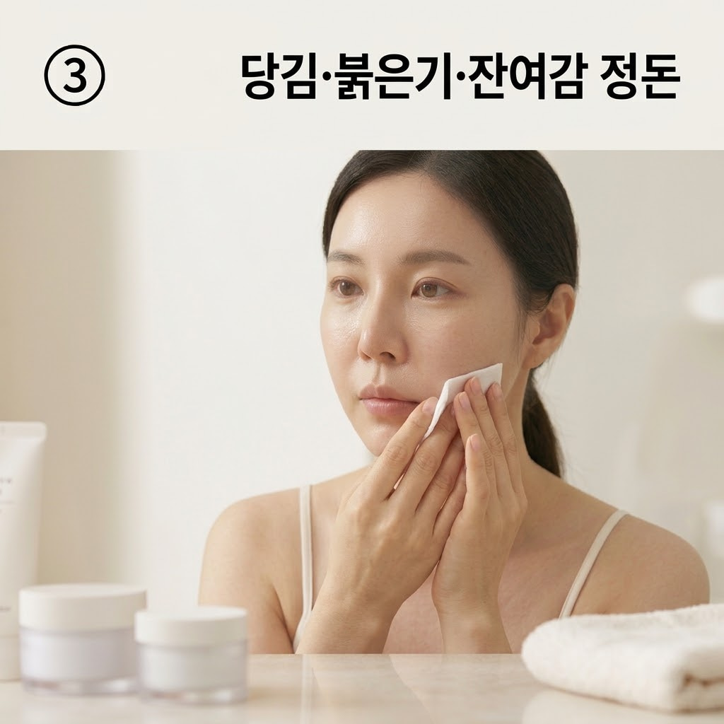 팩 사용 후 당김과 잔여감을 정돈하며 두 손으로 깨끗한 토너패드를 쥐고 턱과 콧망울 주변에 남은 끈적임을 부드럽게 닦아내는 모습.
