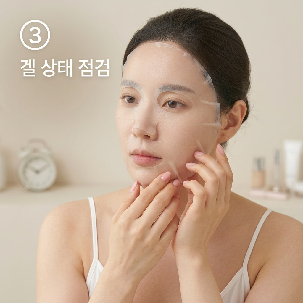 마스크팩 수면 부착 착각을 멈추고 안전한 루틴을 찾기 위해 두 손으로 거울을 들고 팩 사용 다음 날의 피부 붉은기와 컨디션을 꼼꼼히 살피는 모습.