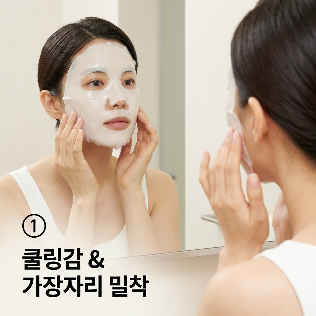 메디힐 콜라겐 마스크 30분 사용 직후 두 손으로 양 볼을 부드럽게 감싸 쥐며 매끈해진 피부결과 촉촉한 수분감을 거울 앞에서 꼼꼼히 확인하는 모습.