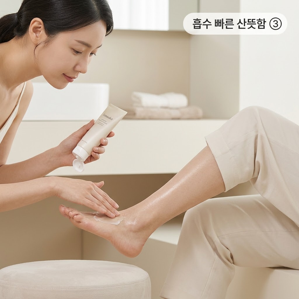 풋크림 보습용 양말 소재를 고르기 위해 두 손으로 깨끗하게 세탁된 부드러운 수면양말의 촉감을 가볍게 만져보는 모습.