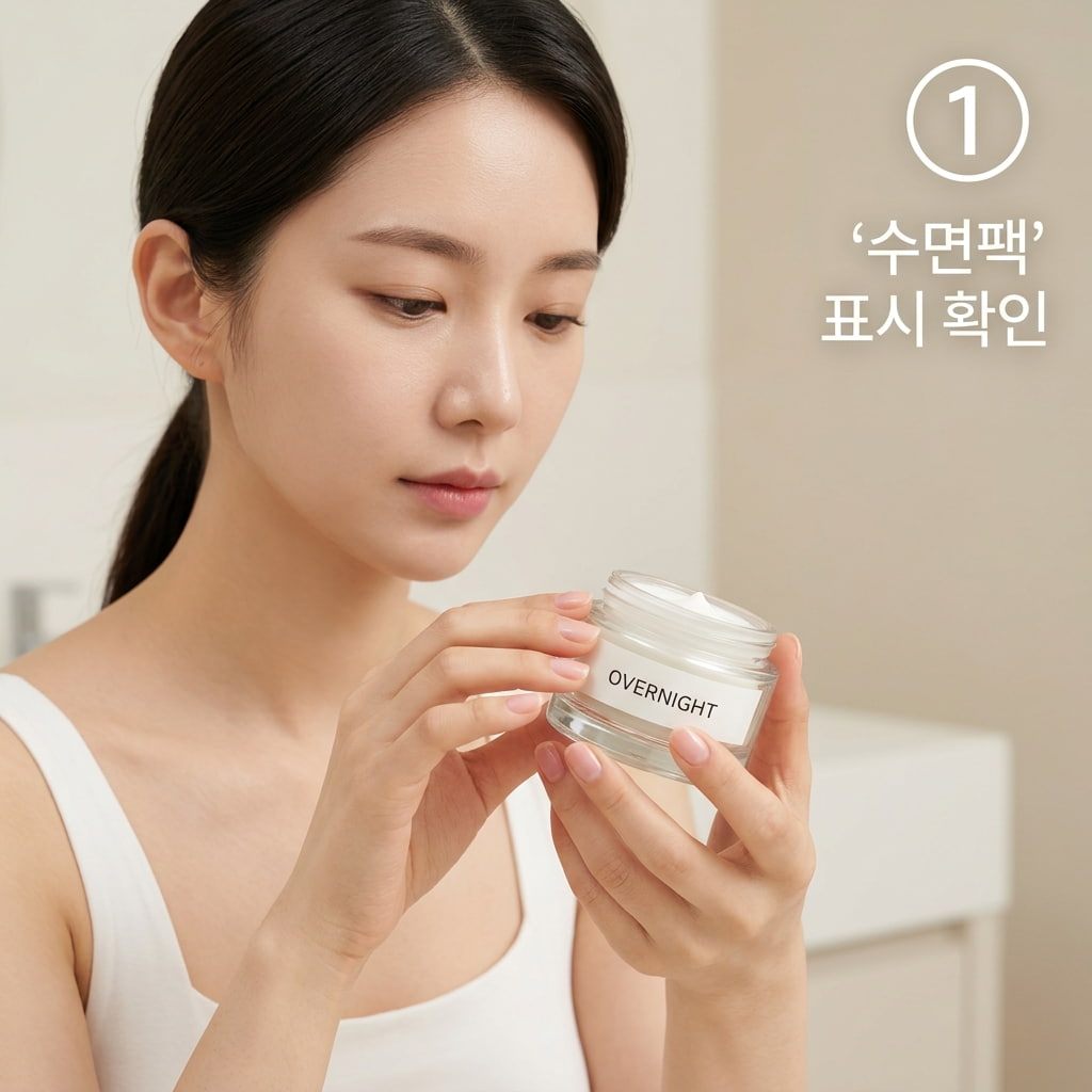 수면팩 표시 제품인지 확인하기 위해 두 손으로 화장품 용기 뒷면의 오버나이트 라벨을 꼼꼼하게 살펴보는 모습.