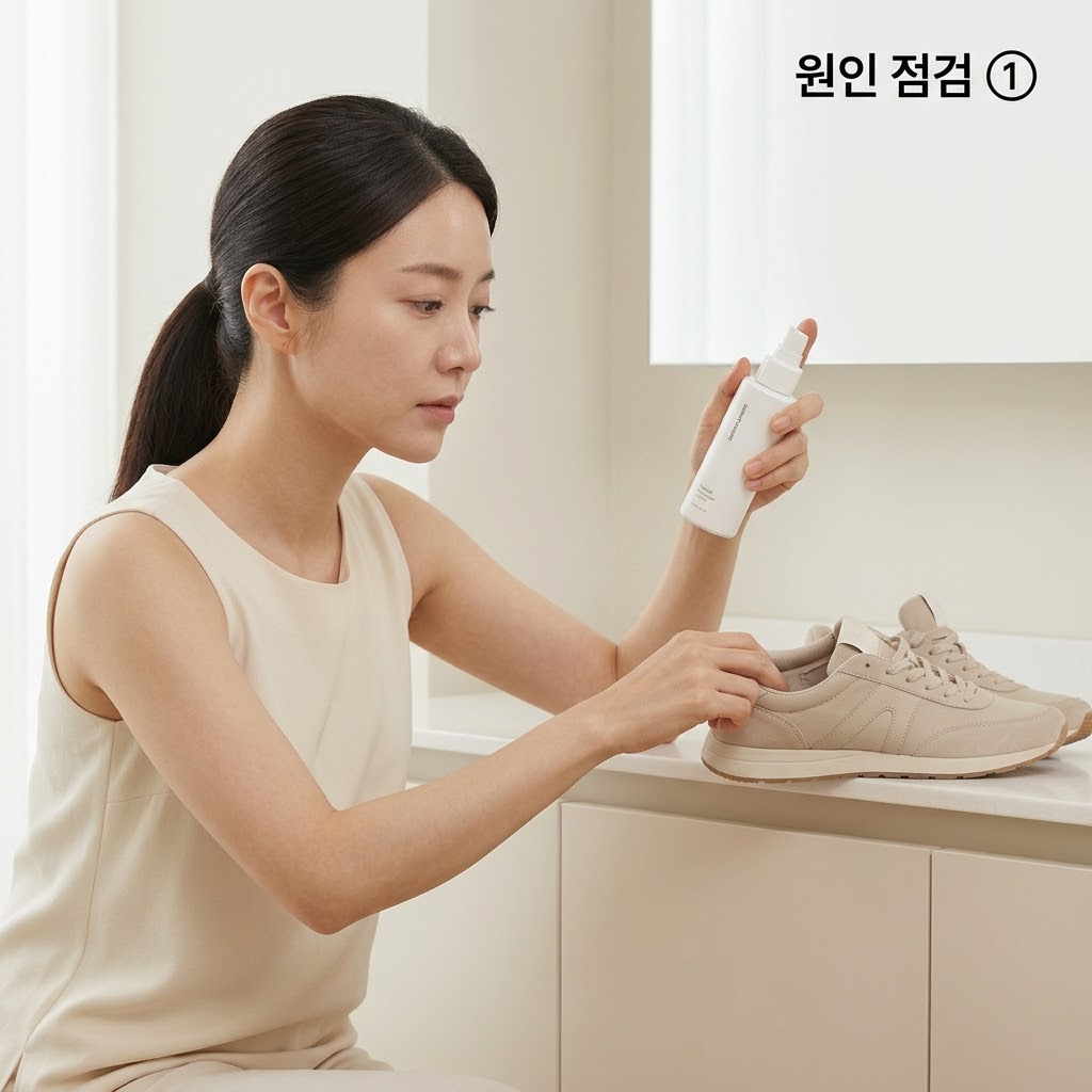 발냄새 원인 운동화 습기 점검 발냄새 원인 점검을 위해 두 손으로 신었던 운동화 안쪽을 만져보며 덜 마른 습기가 남아있는지 꼼꼼하게 확인하는 모습.