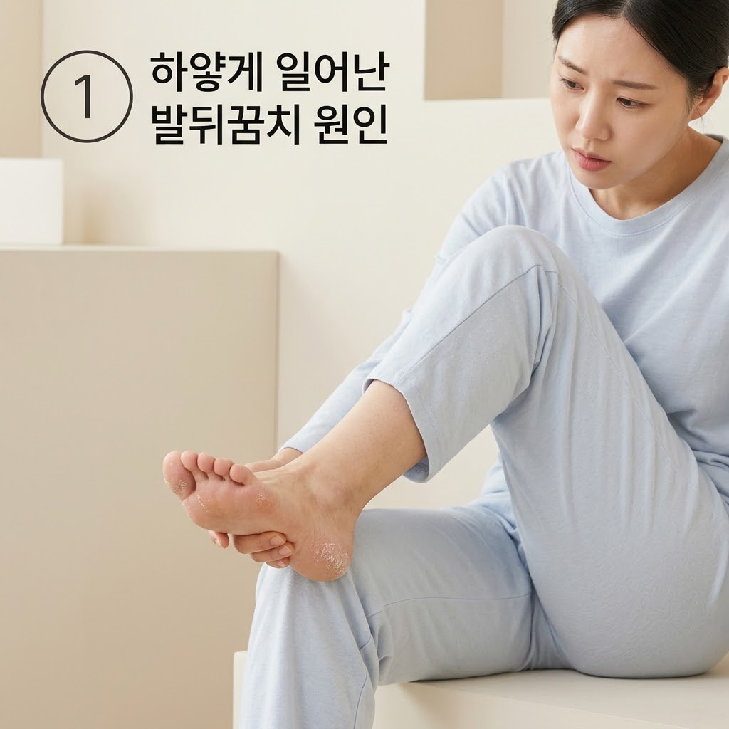 발뒤꿈치 갈라짐과 하얀 각질 원인을 확인하기 위해 두 손으로 건조해진 발을 감싸 쥐고 표면을 꼼꼼하게 살피는 모습.