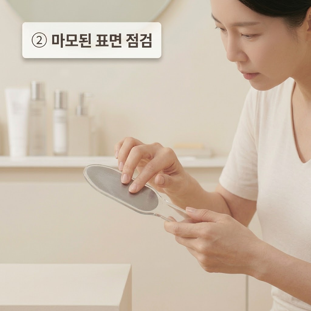 발각질 파일 교체 주기를 확인하기 위해 두 손으로 연마면이 닳아 매끄러워진 풋파일 표면을 꼼꼼하게 만져보는 모습.