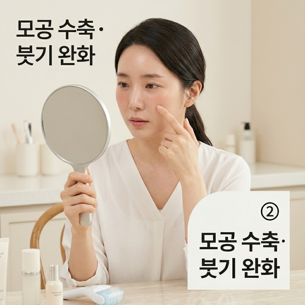 냉장 마스크팩 일시적 모공 수축 확인 모공 수축 및 붓기 완화 효과를 확인하기 위해 두 손으로 거울을 들고 냉장 마스크팩 사용 후의 피부 상태를 점검하는 모습.
