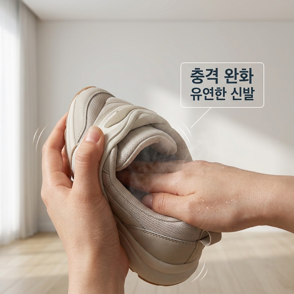 햇살이 들어오는 아늑한 현관 앞. "두 개의 사람 손"이 밑창이 얇은 딱딱한 구두 대신, 발바닥 전체를 고르게 지지해줄 쿠션감 좋은 부드러운 스니커즈 안쪽을 꼼꼼히 눌러보며 압력 분산 여부를 체크하는 액션을 취하고 있습니다. 신발장 한편에는 외출 전 발뒤꿈치 마찰을 한 번 더 줄여주기 위해 바를 실키한 풋 로션이 차가운 스테인리스 소재의 "계량컵 없는 믹싱 볼" 안에 소량 덜어져 있어, 물리적 환경 개선과 스킨케어를 병행하는 똑똑한 외출 준비 상황을 보여줍니다.