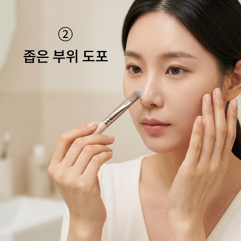 브러쉬 헤드 크기를 좁은 부위에 맞추어 활용하기 위해 두 손으로 폭이 얇은 실리콘 팁을 잡고 콧망울 옆 굴곡진 곳에 팩을 세밀하게 펴 바르는 모습.