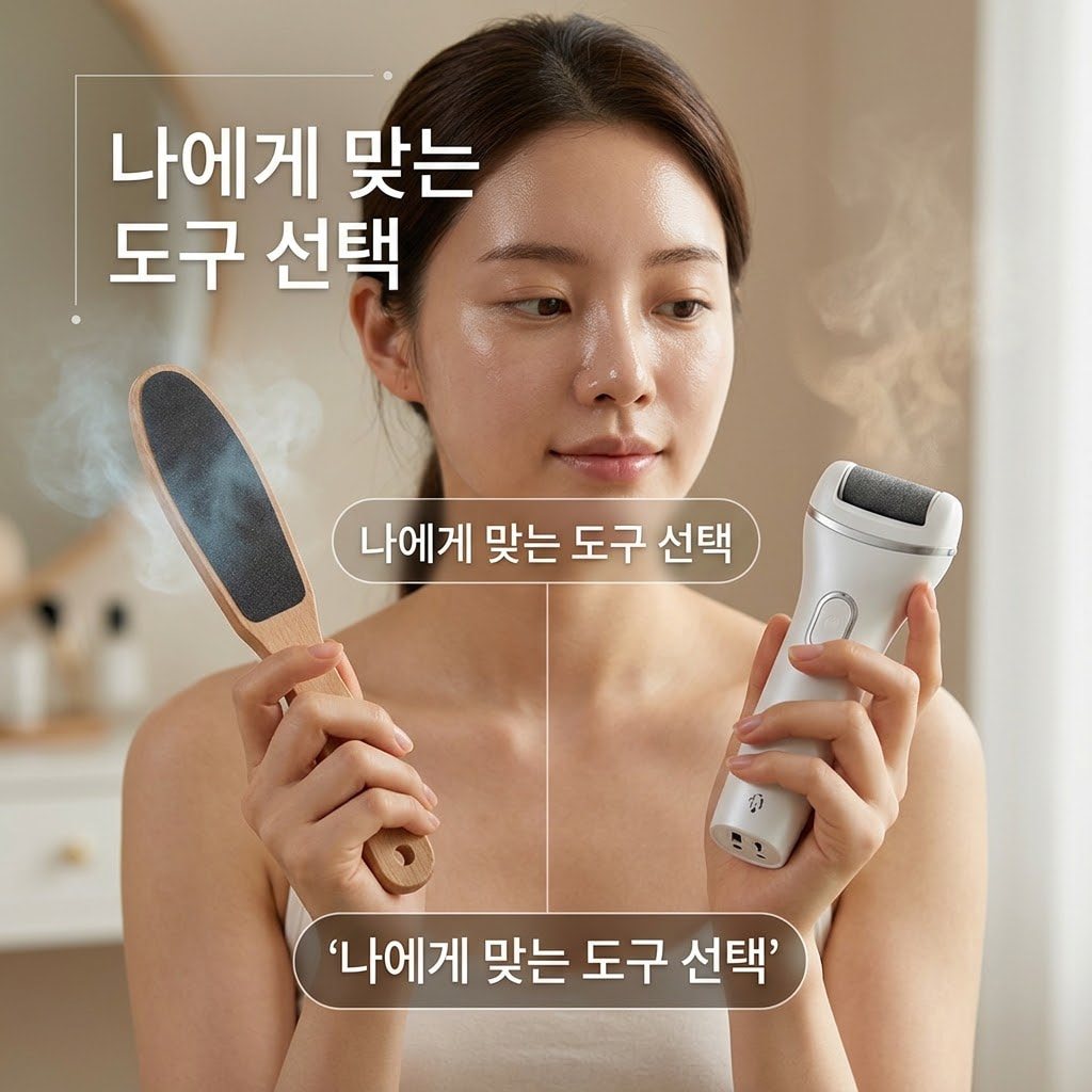 밝은 조명이 켜진 뷰티 스토어 테스터 매대 앞. "두 개의 사람 손"이 입문용으로 적합한 풋파일을 직접 쥐어보며, 모서리가 둥글게 마감되었는지와 내 손에 편안하게 밀착되는지 그립감을 꼼꼼하게 요리조리 테스트해보는 액션을 취하고 있습니다. 매대 한편에는 비교해 볼 수 있는 다양한 크기의 다른 수동 도구들이 맑은 투명 유리 소재의 "계량컵 없는 믹싱 볼" 안에 가지런히 담겨 있어, 내 발과 취향에 꼭 맞는 제품을 신중하게 고르는 합리적인 오프라인 쇼핑 상황을 보여줍니다.