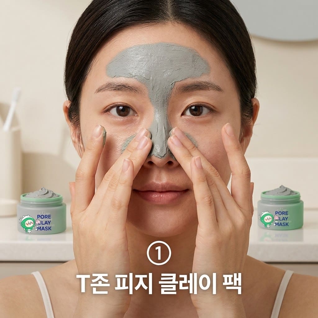 코 피지와 나비존 번들거림을 잡기 위해 두 손으로 그린토마토 클레이 워시오프 마스크를 T존에 부드럽게 펴 바르는 모습.