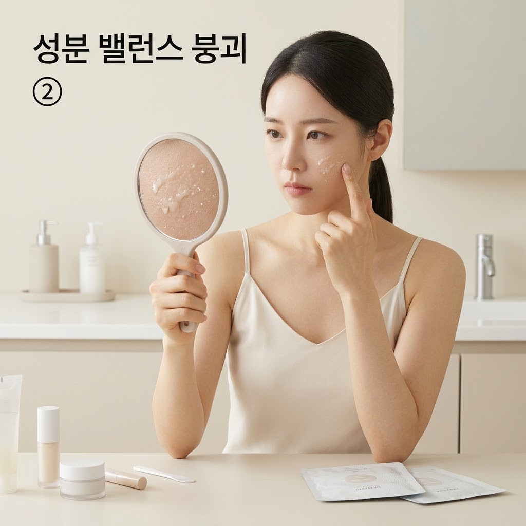 저온 보관 마스크팩 성분 뭉침 현상 마스크팩 성분의 저온 유화 파괴 상태를 체감하기 위해 두 손으로 차가운 시트팩 에센스를 손등에 펴 바르며 뭉치고 미끄러지는 제형을 살피는 모습.