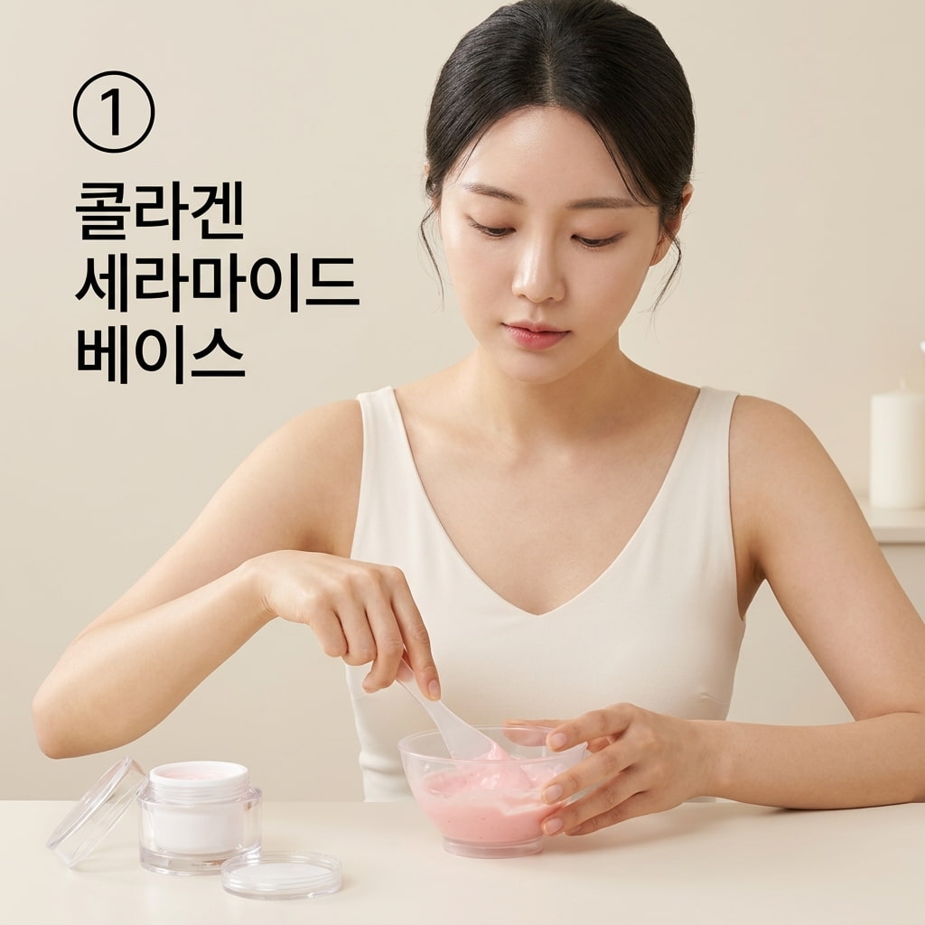 속당김 해결용 콜라겐 모델링팩 극건성 피부의 속당김 해결과 보습 장벽 강화를 위해 두 손으로 스파출라를 쥐고 핑크색 콜라겐 세라마이드 모델링팩 반죽을 정성껏 섞는 모습.