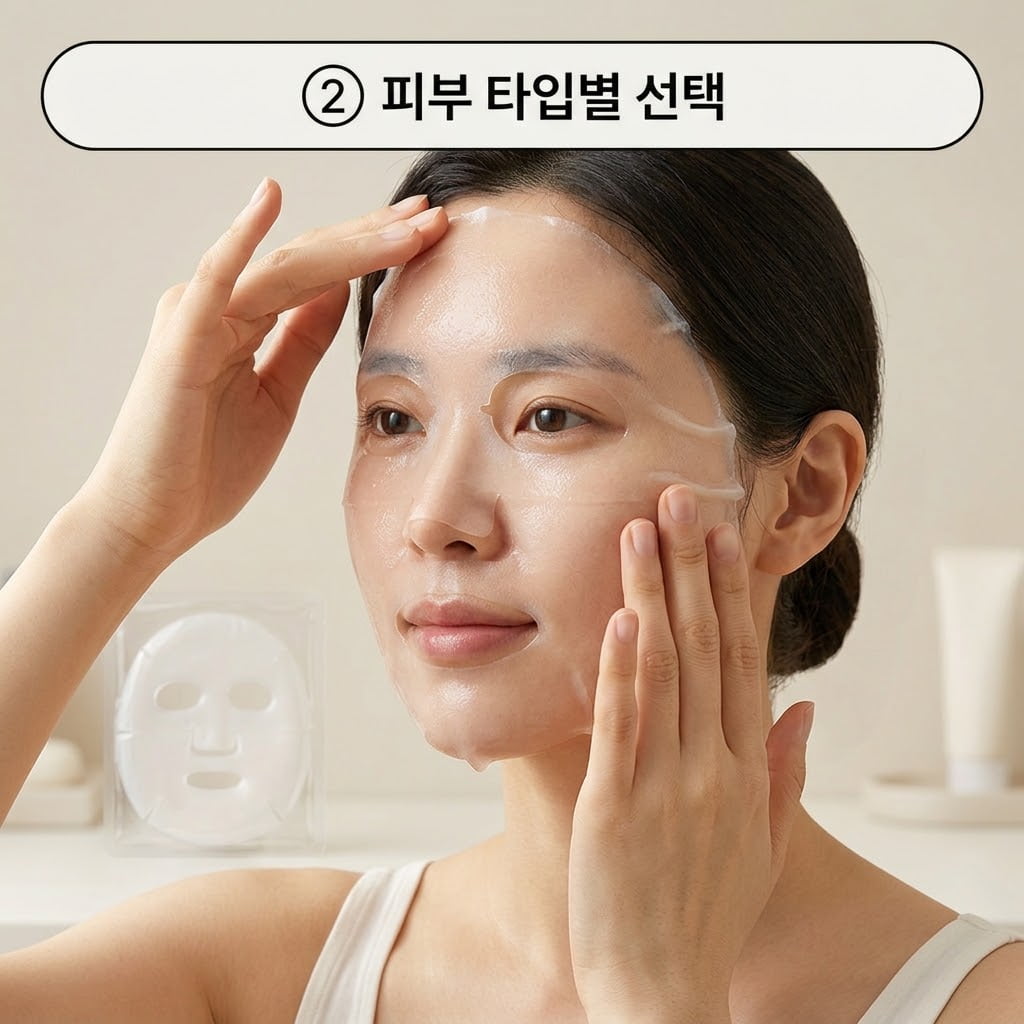 피부 타입별 콜라겐 팩 선택 건성 및 복합성 피부의 보습 유지감과 부위별 답답함을 확인하기 위해 두 손으로 콜라겐 하이드로겔 마스크를 볼과 T존에 꼼꼼히 밀착시키는 모습.