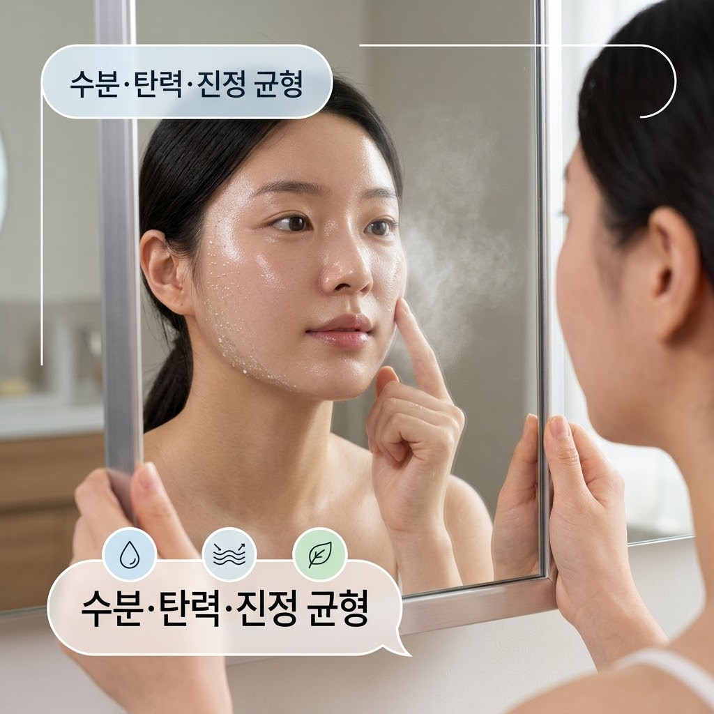 햇살이 부드럽게 들어오는 연구실 무드의 화장대. "두 개의 사람 손"이 수분과 진정을 돕는 히알루론산, 시카, PDRN 앰플 스포이드를 조심스럽게 다루며 콜라겐 팩 베이스와 블렌딩하는 액션을 취하고 있습니다. 그 아래에는 시너지가 폭발하는 영양 성분들을 듬뿍 머금은 맑은 투명 유리 소재의 "계량컵 없는 믹싱 볼"이 투명하게 빛나며 놓여 있어, 물광과 보습 장벽을 꽉 채워주는 완벽한 성분 조합의 순간을 보여줍니다.