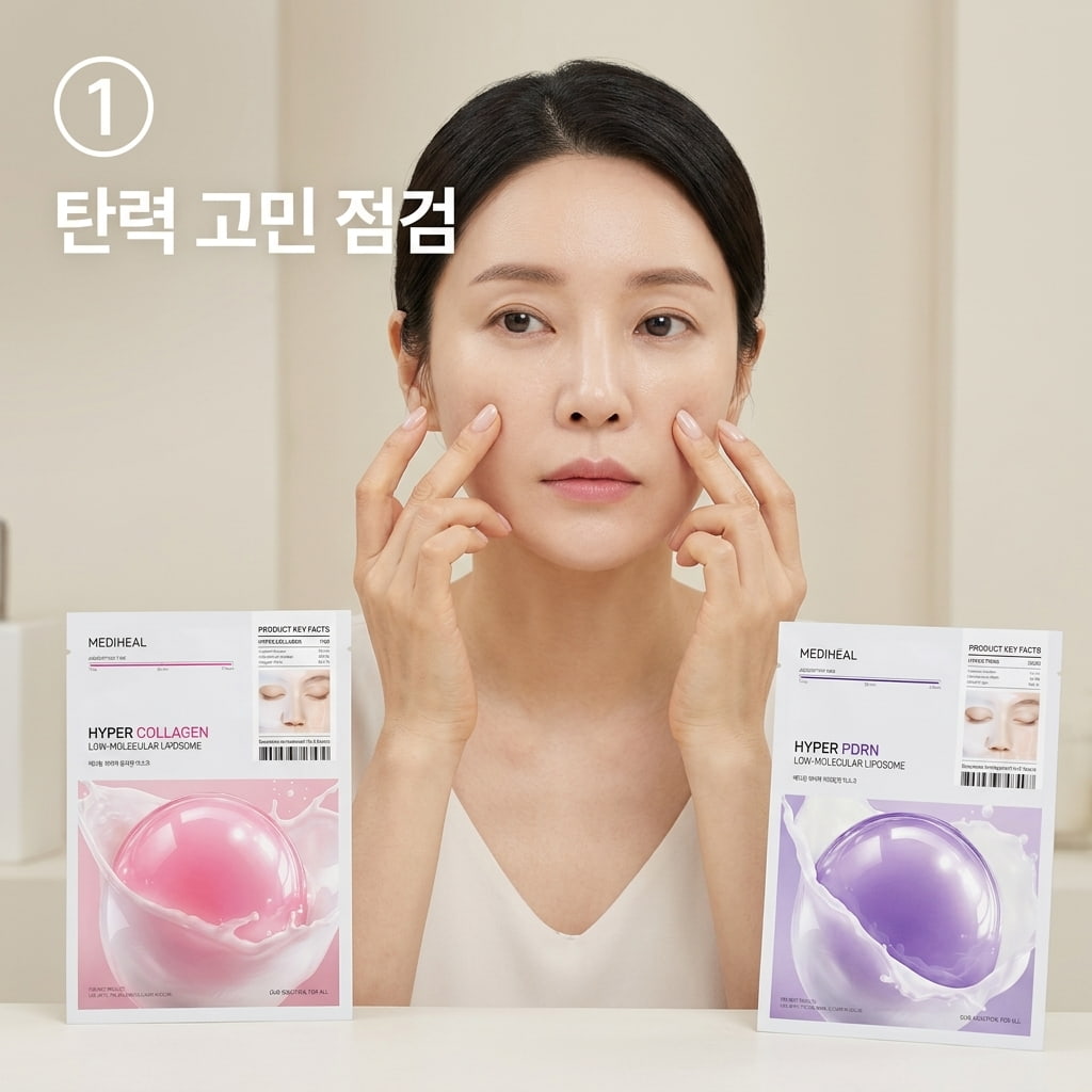 메디힐 하이퍼 콜라겐과 PDRN 마스크팩 선택 기준에 맞춰 두 손의 손가락으로 앞볼과 나비존 피부를 가볍게 밀어 올리며 탄력과 모공 상태를 점검하는 모습.
