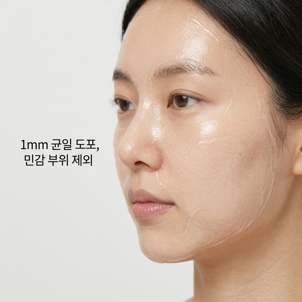부드러운 간접 조명이 켜진 파우더룸. "두 개의 사람 손"이 실리콘 브러시를 쥐고, 헤어라인과 눈썹 등 잔털이 있는 민감 부위를 피해 볼과 이마 등 넓은 면적 위주로 팩을 약 1mm 두께로 균일하고 매끄럽게 펴 바르고 있습니다. 화장대 위에는 팩 제형을 덜어 쓰기 편하도록 세팅된 차가운 스테인리스 소재의 "계량컵 없는 믹싱 볼"이 묵직하게 놓여 있어, 자극을 최소화하는 정교하고 전문적인 도포 스킬을 연출합니다.