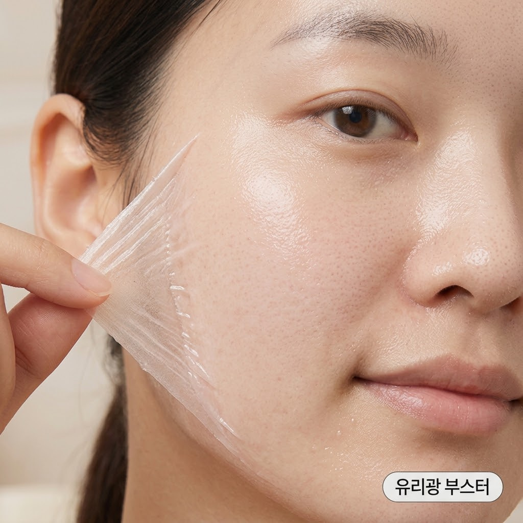 자연광이 들어오는 밝은 파우더룸. "두 개의 사람 손"이 얼굴 가장자리부터 완전히 굳은 콜라겐 필오프팩 필름을 부드럽게 떼어내고 있으며, 벗겨진 피부 위로 즉각적이고 매끄러운 유리알 광채가 선명하게 드러납니다. 화장대 한쪽에는 방금 전 팩을 준비할 때 사용했던 맑은 투명 유리 소재의 "계량컵 없는 믹싱 볼"이 깨끗하게 비워진 채 놓여 있어, 팩 사용 직후의 맑고 빛나는 물광 코팅 효과를 시각적으로 강조합니다.