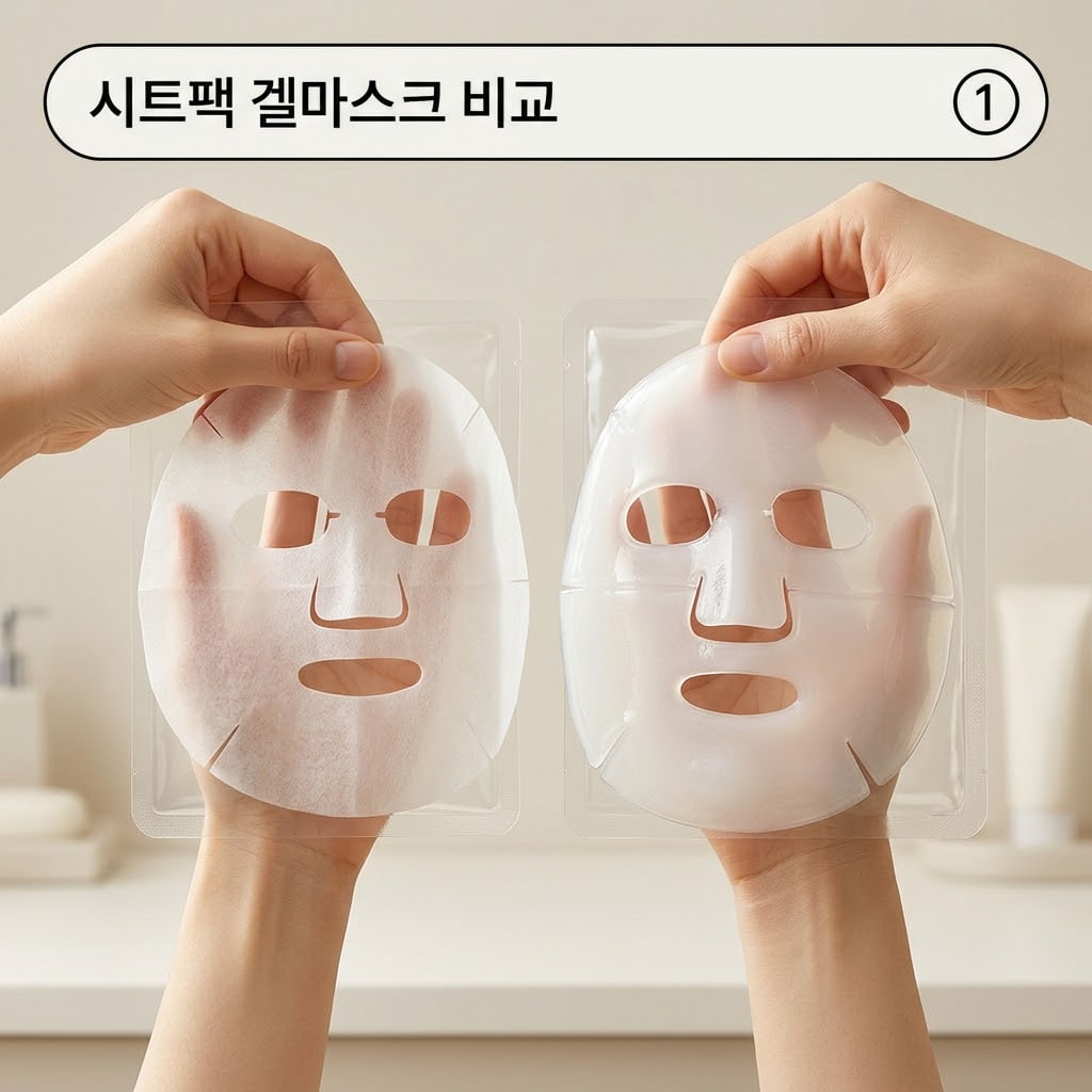 콜라겐 시트팩과 하이드로겔 비교 아침 화장 전 간편한 수분 관리와 저녁 집중 보습 상황에 맞춰 선택하기 위해 두 손으로 콜라겐 시트팩과 하이드로겔 마스크 제형을 비교하는 모습.