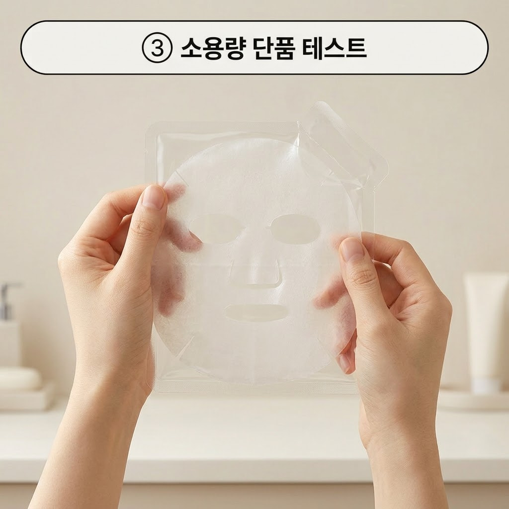 소용량 콜라겐 팩 테스트 필수 장시간 부착 시 피부 답답함이나 붉은기 등 민감한 반응이 없는지 확인하기 위해 두 손으로 수면팩형 콜라겐 겔마스크 소용량 단품을 얼굴에 테스트하는 모습.