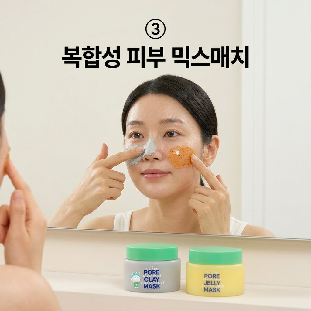 복합성 피부의 맞춤 관리를 위해 두 손으로 코와 이마에는 클레이 마스크를, 건조한 볼에는 젤리 마스크를 나누어 바르는 모습.