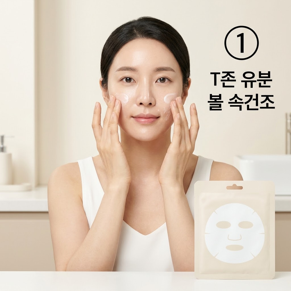 복합성 피부를 위한 가벼운 시트팩과 부분 보습 T존 유분과 볼 속건조가 고민인 복합성 피부의 유수분 밸런스를 위해 두 손으로 가벼운 시트팩 사용 후 볼과 입가에만 보습 크림을 덧바르는 모습.