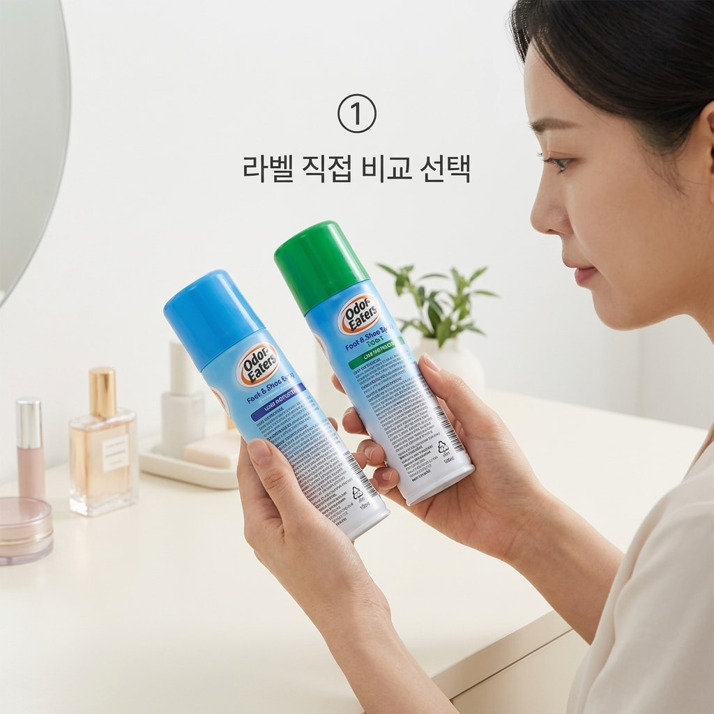 풋앤슈 기본형과 스포츠형의 차이를 확인하기 위해 두 손으로 두 제품의 뒷면 라벨을 나란히 들고 사용 가능 부위를 꼼꼼히 비교하는 모습.