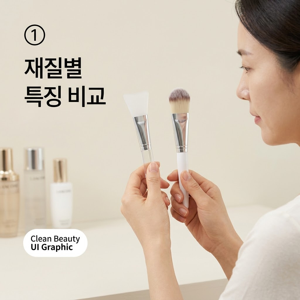 필오프팩 브러쉬 재질별 특징을 비교하기 위해 두 손으로 매끈한 실리콘 브러쉬와 부드러운 모 브러쉬를 나란히 들고 표면을 꼼꼼히 확인하는 모습.