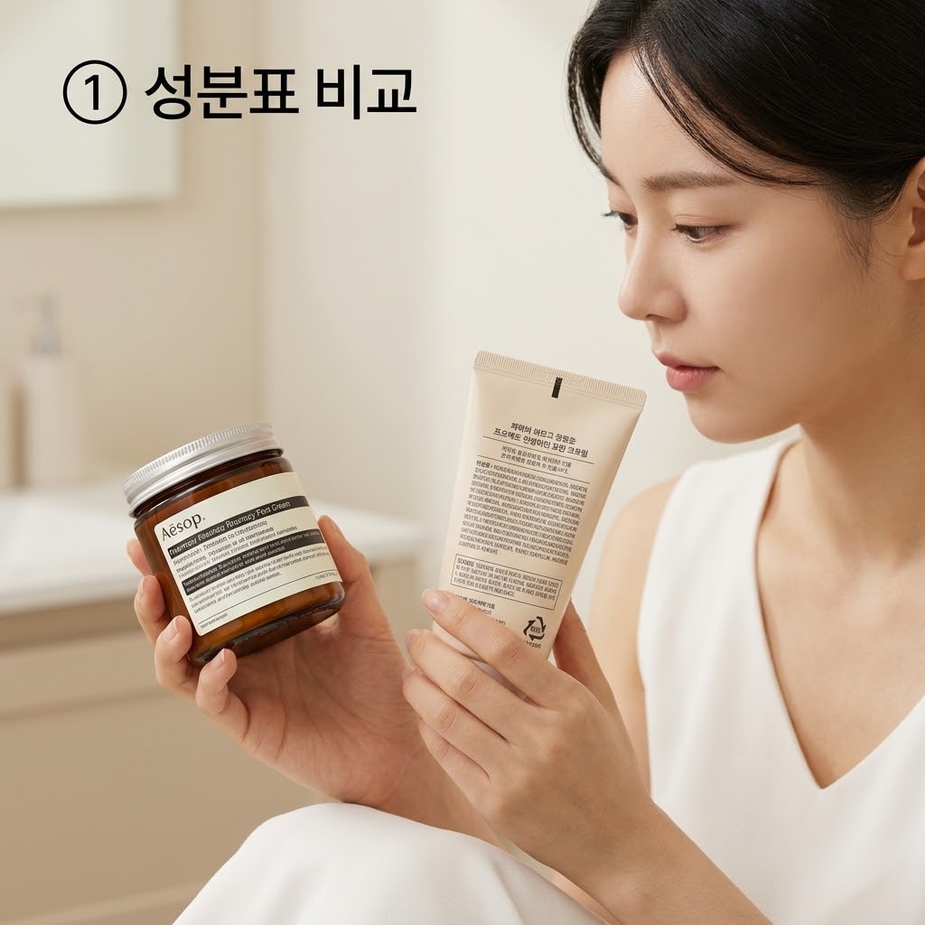 약국 풋크림과 일반 보습 제품의 성분 차이를 확인하기 위해 두 손으로 서로 다른 풋크림 용기를 나란히 들고 뒷면의 주의사항과 우레아 성분표를 비교하는 모습.