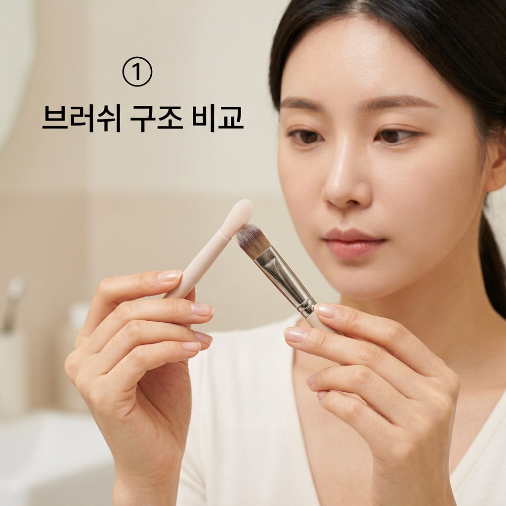 다이소 팩 브러쉬 구매 시 세척과 도포 편의성을 고려해 두 손으로 매끈한 일체형 실리콘 브러쉬와 듀얼형 브러쉬의 이음새를 꼼꼼하게 비교하는 모습.