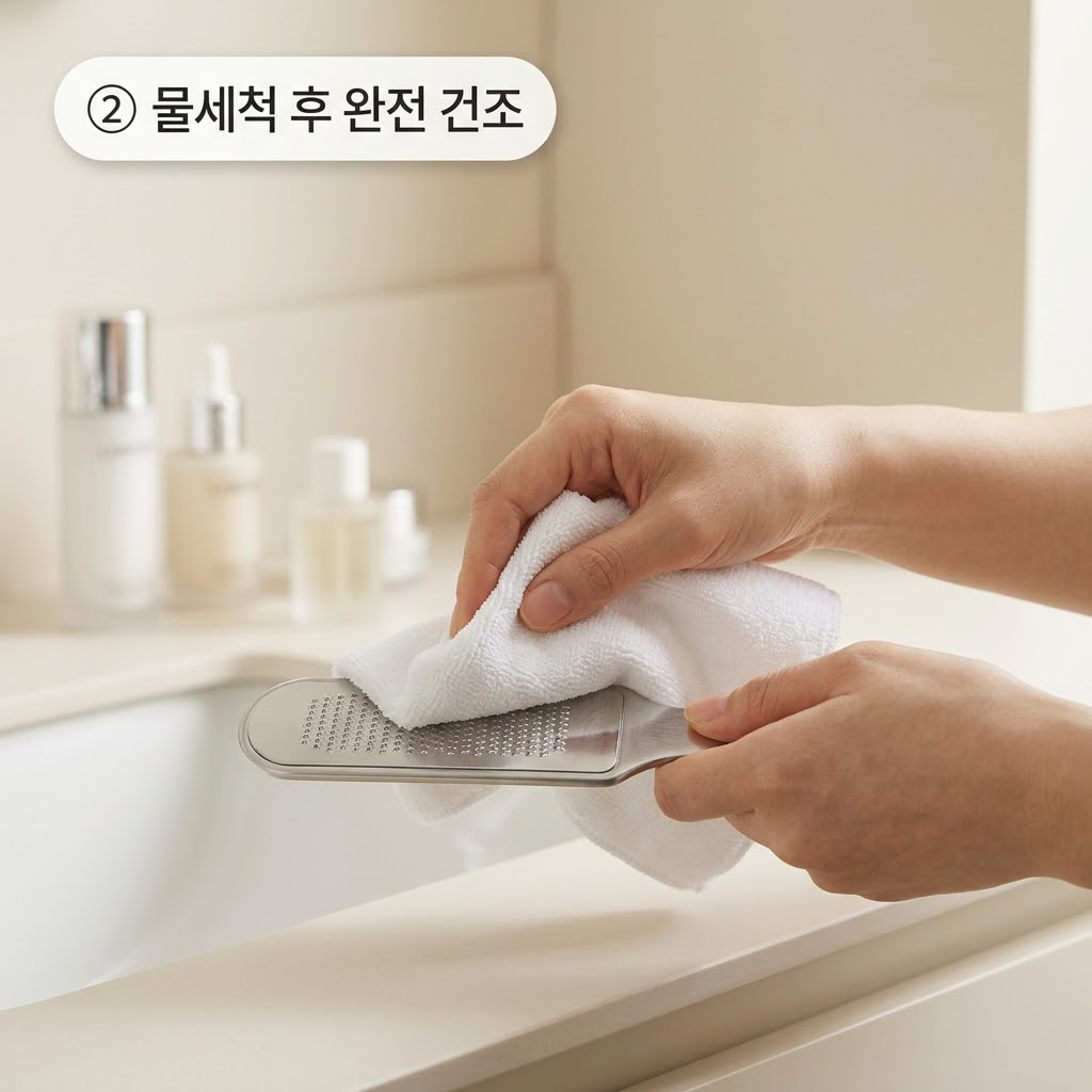 발각질 제거기 완전 건조를 위해 물세척 후 두 손으로 마른 수건을 감싸 쥐고 롤러와 손잡이 틈새의 물기를 꼼꼼히 눌러 닦는 모습.