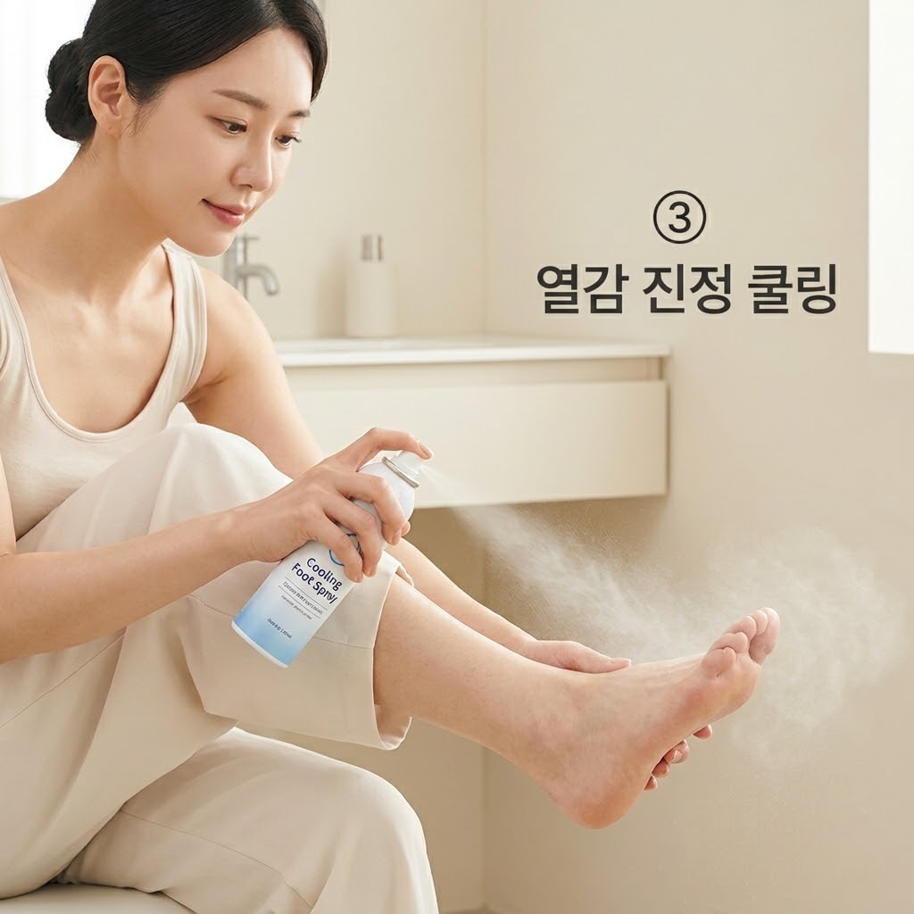 여름철 발땀과 열감을 식히기 위해 두 손으로 쿨링감이 있는 풋스프레이를 쥐고 발등과 발바닥에 시원하게 분사하는 모습.