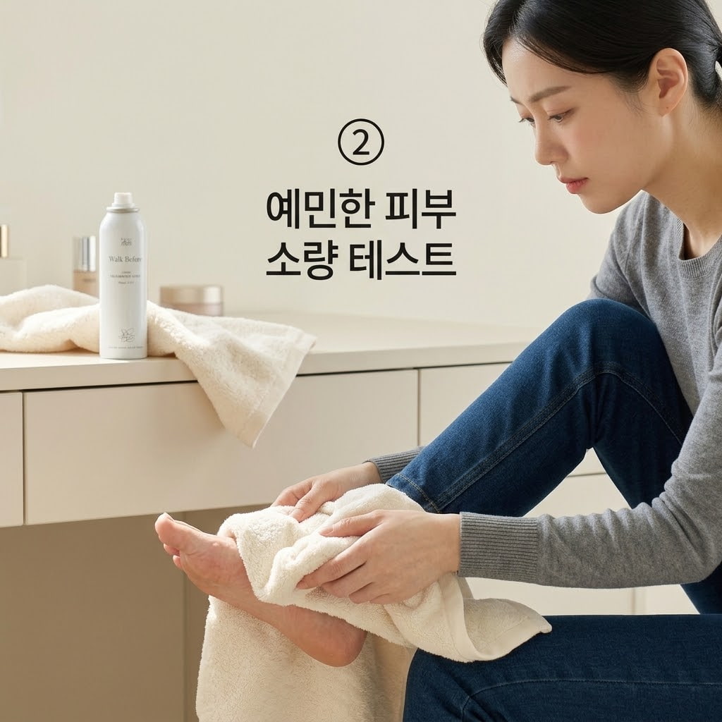 쿨링 풋스프레이 주의가 필요한 예민한 피부를 위해 두 손으로 스프레이를 발뒤꿈치 끝부분에 아주 소량만 분사하여 자극을 확인하는 모습.