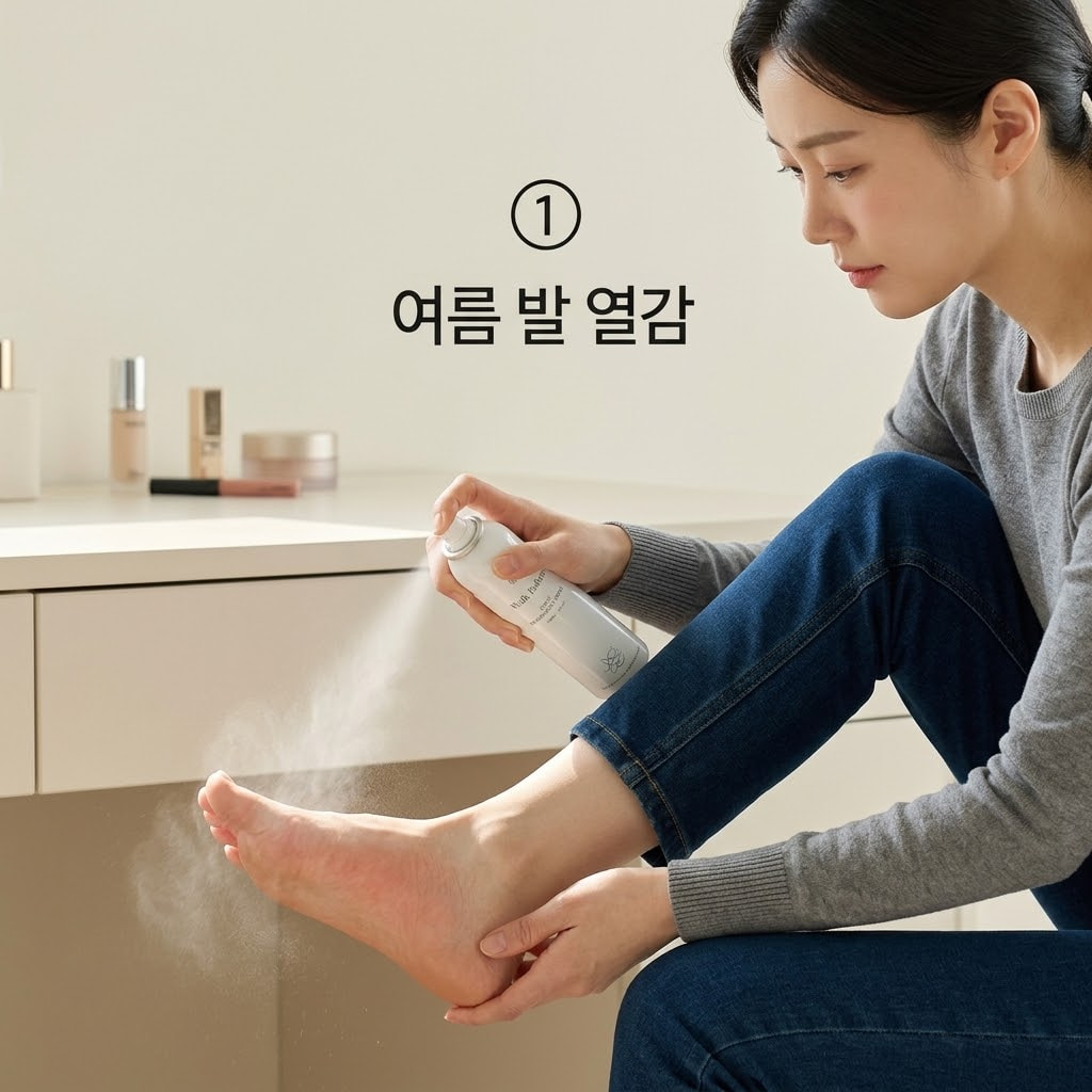 여름 발 열감 진정을 위해 두 손으로 쿨풋 발냄새 스프레이를 쥐고 열이 오른 발등과 발바닥에 가볍게 분사하며 쿨링감을 더해주는 모습.