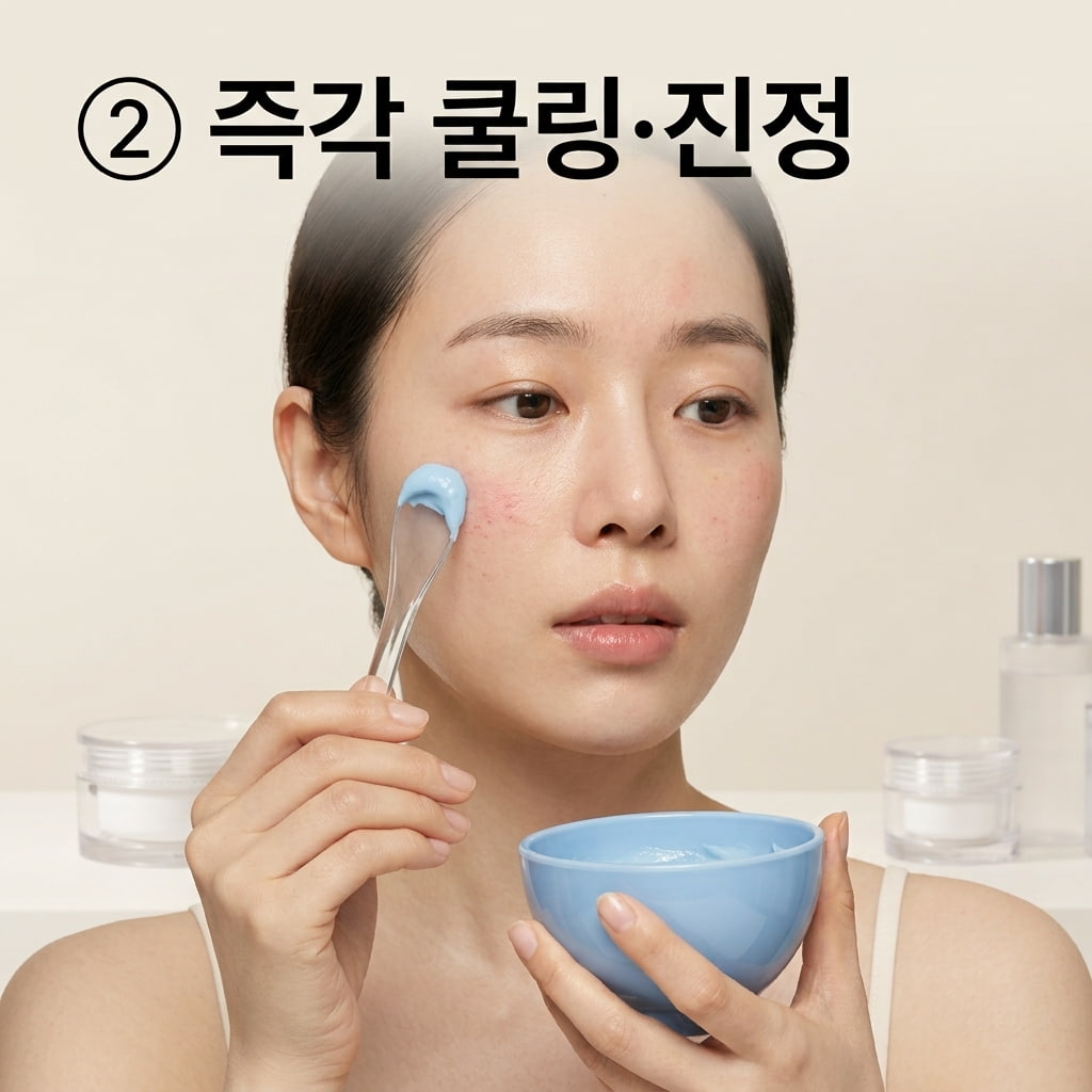 즉각적인 피부 온도 저하와 홍조 진정 자외선 자극으로 인한 홍조 진정을 위해 두 손으로 시원한 쿨링 모델링팩 볼과 스파출라를 쥐고 도포를 준비하는 모습.