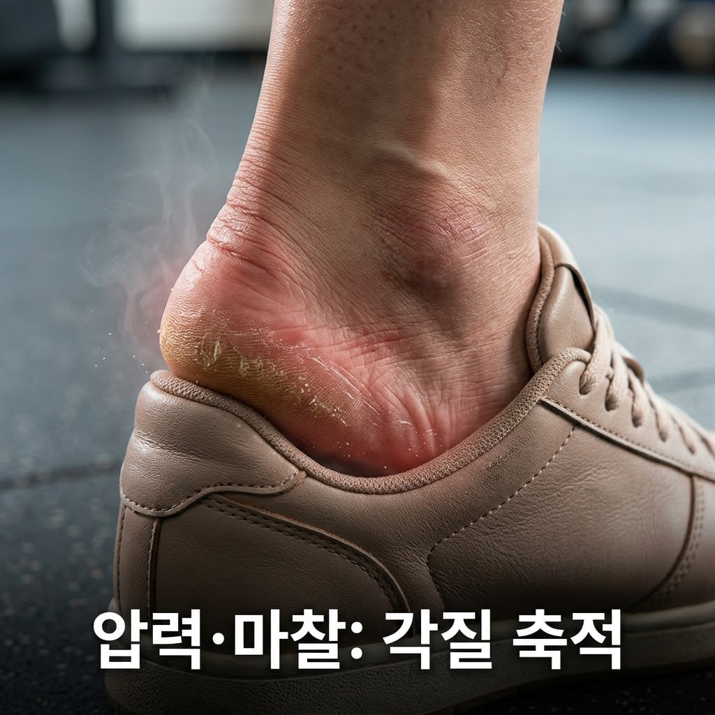 발각질 생기는 원인을 파악하기 위해 두 손으로 건조하고 굳은 발뒤꿈치 표면을 만져보며 두꺼워진 피부 상태를 꼼꼼히 확인하는 모습.