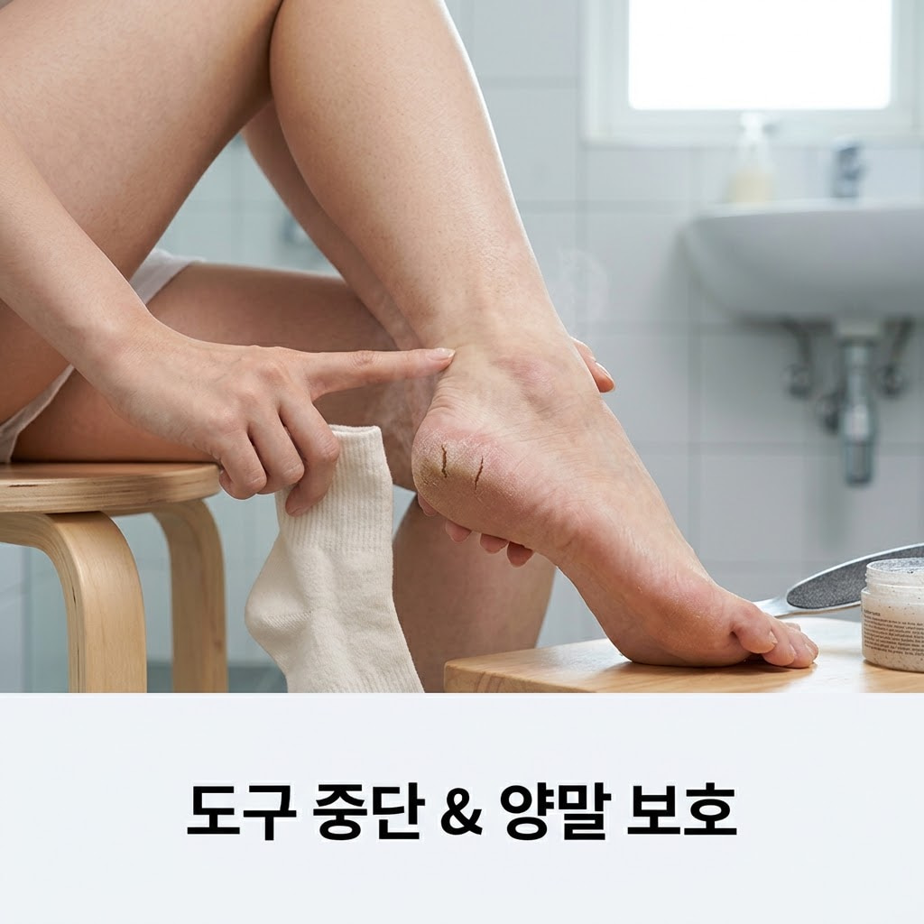 발뒤꿈치 깊은 갈라짐 응급 관리를 위해 두 손으로 부드러운 수건을 쥐고 피가 나고 아픈 발뒤꿈치 물기를 자극 없이 톡톡 두드려 닦아내는 모습.