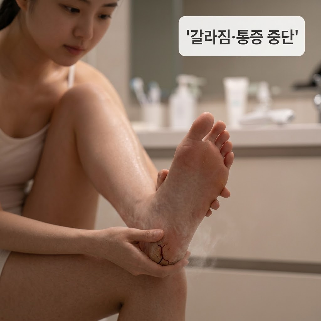 조용한 침실의 푹신한 카펫 위. "두 개의 사람 손"이 깊게 갈라져 피가 맺힌 발뒤꿈치에 자극을 주던 풋파일을 화면 바깥쪽으로 단호하게 멀리 치워두고, 발을 안전하게 보호하기 위해 푹신한 수면 양말을 조심스럽게 신겨주고 있습니다. 탁자 위에는 상처 부위를 덮어줄 점성 있는 재생 연고만이 맑은 투명 유리 소재의 "계량컵 없는 믹싱 볼" 안에 깨끗하게 준비되어 있어, 물리적 마찰을 즉각 중단하고 치료와 보호에 전념하는 상황을 보여줍니다.