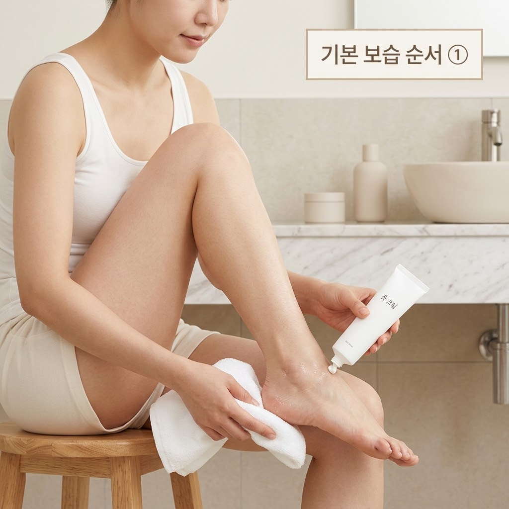 갈라진 발뒤꿈치 보습 순서를 지키기 위해 두 손으로 수건을 이용해 물기를 닦아낸 뒤 풋크림을 얇게 펴 바르는 모습.