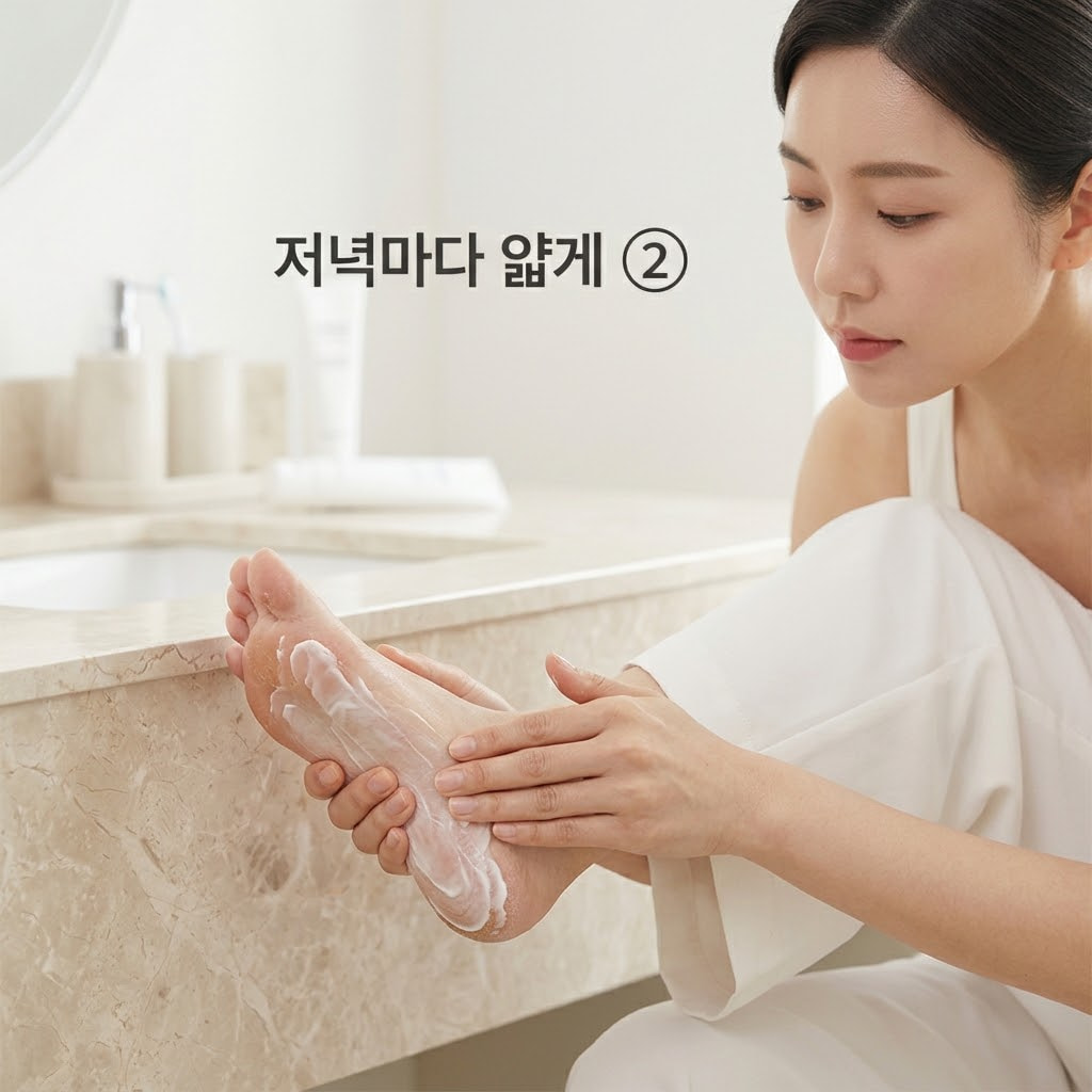 우레아 풋크림 매일 관리를 위해 두 손으로 저녁 샤워 후 건조한 발뒤꿈치에만 얇게 크림을 덧바르는 모습.