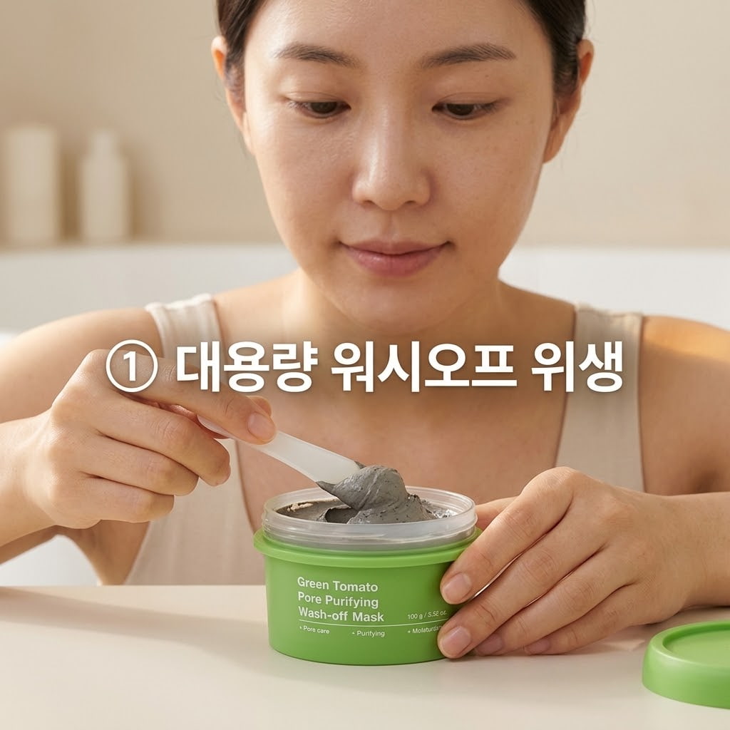 100g 대용량 성분에디터 워시오프 마스크를 위생적이고 오래 사용하기 위해 두 손으로 스파츌러를 이용해 팩을 조심스럽게 덜어내는 모습.
