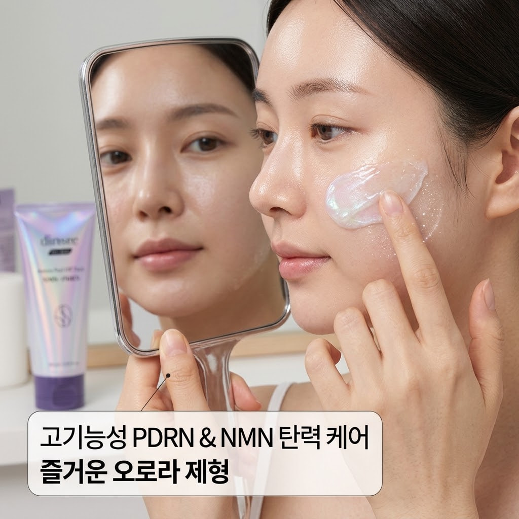 다이소 가성비 화장품 딘시 오로라 광채 필오프팩. PDRN 및 NMN 성분으로 피부 탄력 관리를 돕는 오로라팩 제형 도포 모습.