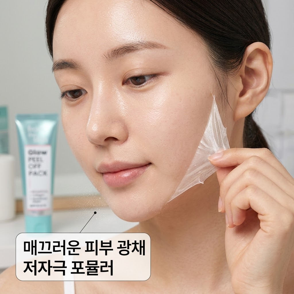 다이소 필오프팩 순위 1위 프롬더스킨 글로우 필오프팩. 피부 광채와 저자극 홈케어를 위해 스파출라로 도톰하게 바른 팩을 떼어내는 모습.