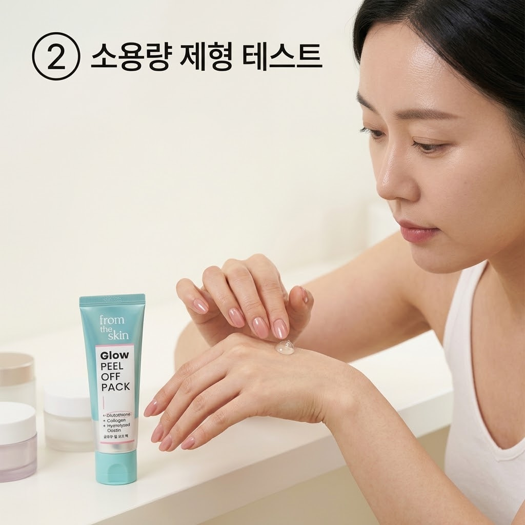 다이소 글로우 필오프팩 소용량 구성의 실제 사용량을 가늠하기 위해 두 손으로 제품을 덜어내어 손등에 조금 짜내며 제형을 확인하는 모습.