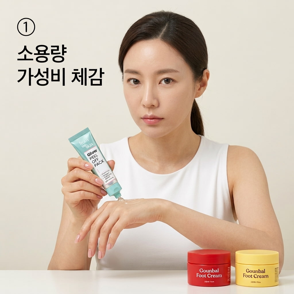 다이소 글로우 필오프팩 가성비를 체감하기 위해 두 손으로 20g 소용량 튜브를 가볍게 쥐고 손등에 조금 덜어내어 제형을 테스트하는 모습.