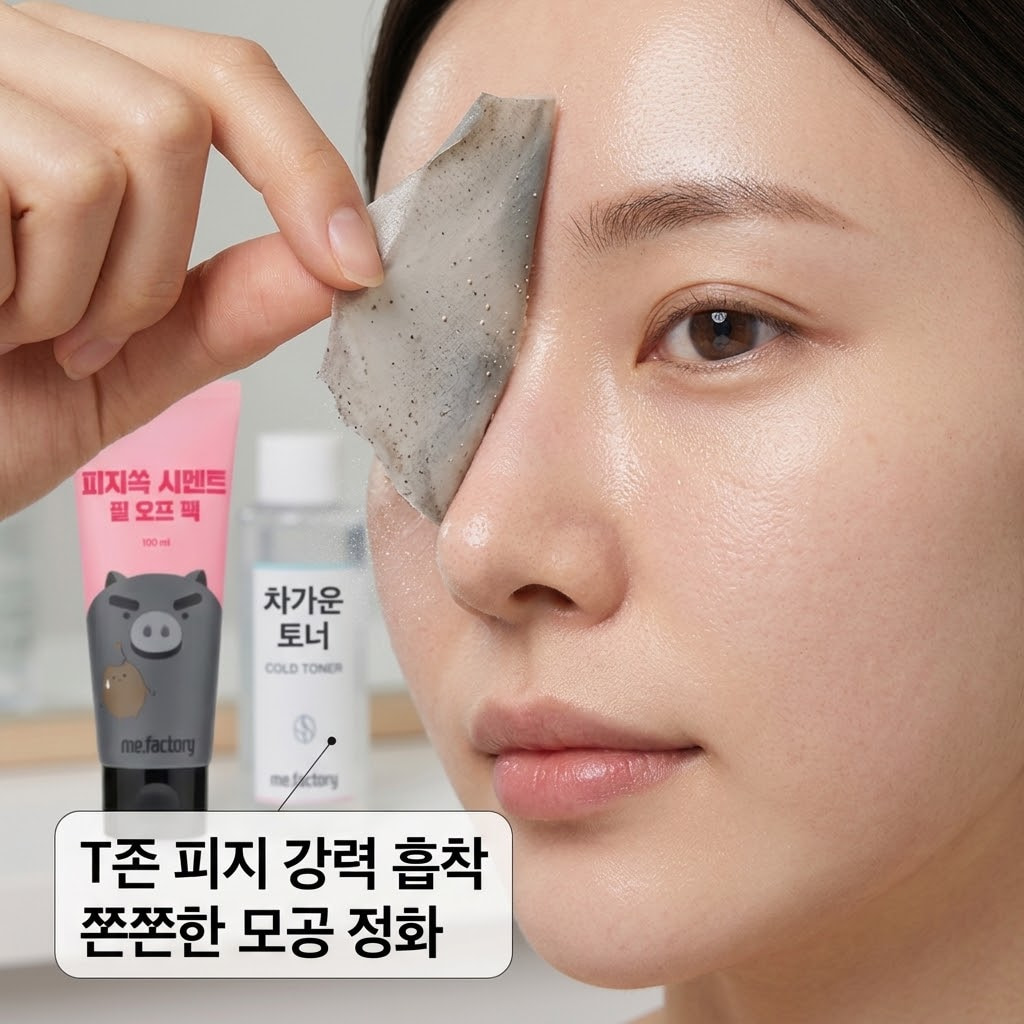 다이소 모공팩 미팩토리 피지쏙 시멘트 필오프팩. T존 피지 제거 후 모공 수축과 쿨링 진정을 위해 토너 패드를 준비하는 모습.