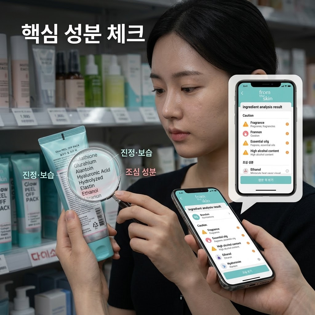 다이소 필오프팩 성분 확인. 민감성 피부 팩을 위한 저자극 필오프팩 진정 보습 테스트 모습.