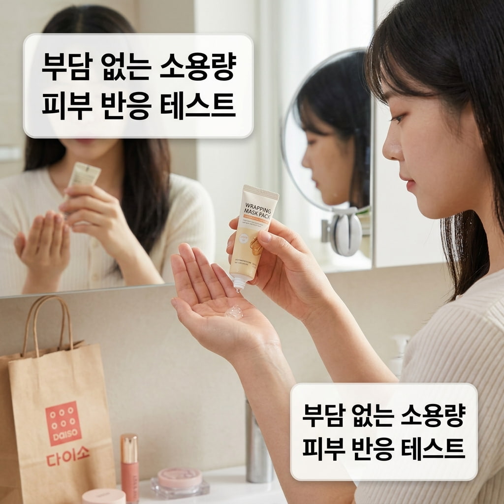 다이소 랩핑 마스크팩 입문 단계를 위해 두 손으로 소용량 튜브 용기를 들고 피부 적합성을 테스트하기 위해 뚜껑을 여는 과정.