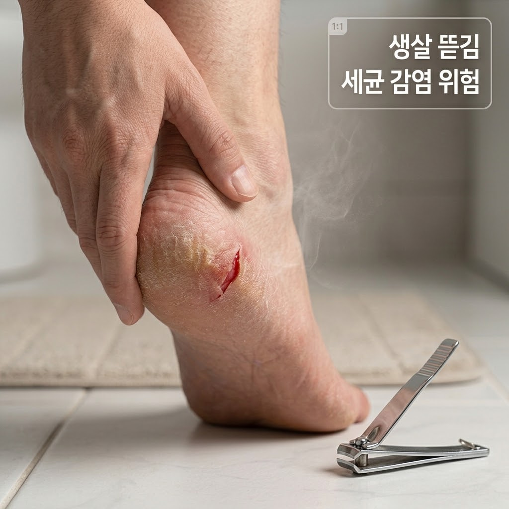 발각질 손톱깎이 제거 금지: 발 상처와 세균 감염 부르는 위험한 습관 발각질 손톱깎이 제거 경고. 발 상처 및 발 세균 감염 위험을 막기 위해 각질 뜯기를 멈춘 모습.
