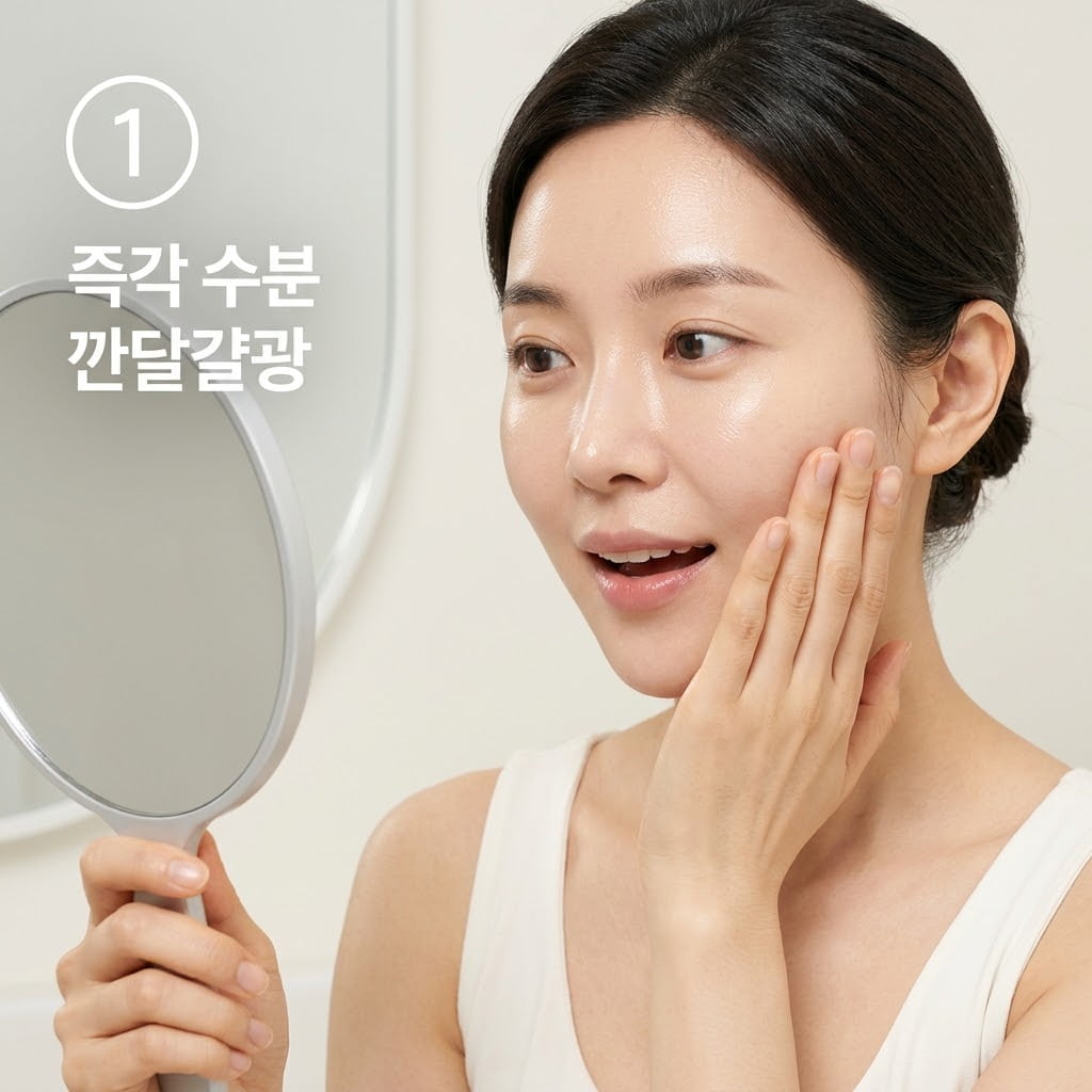 콜라겐 팩 수분 펌핑 효과를 확인하기 위해 두 손으로 매끄럽게 코팅된 양 볼을 감싸 쥐며 화장대 거울 앞에서 깐달걀 광채를 꼼꼼히 살펴보는 모습.